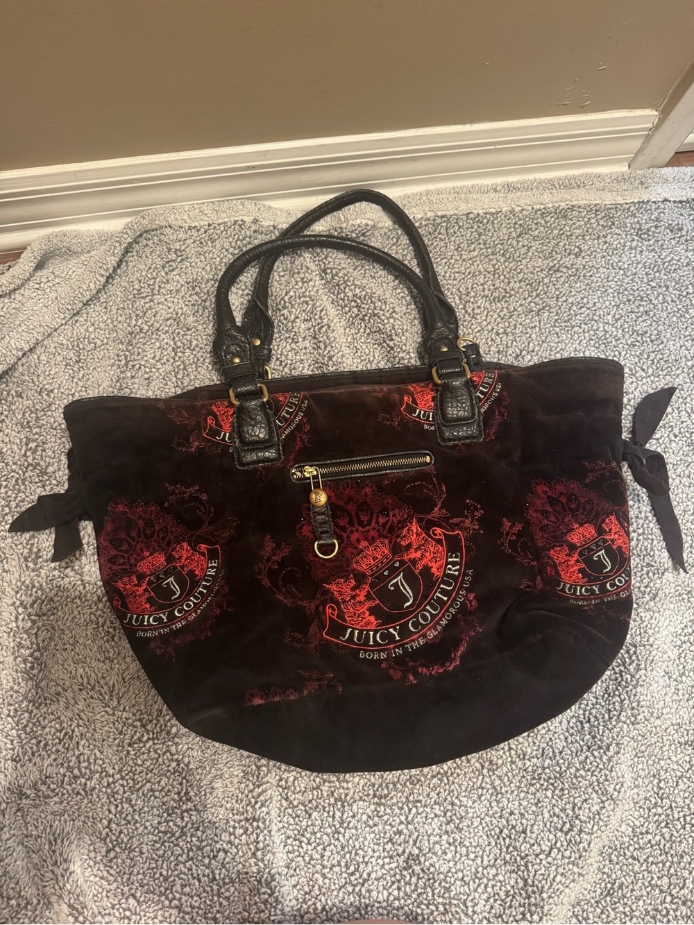 Juicy Couture Black Velvet Tote with Red Crest Motifs